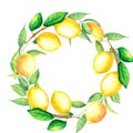 Hand drawn lemon wreath with leaves. Watercolor illustration on white background. For design cards and banners Royalty Free Stock Photo