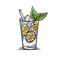 Hand drawn lemonade drink cocktail. Lemon slice and mint ingredients.