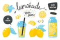 Hand drawn lemonade. Lemon juice bubble drink with labels and typography, summer cold cocktail. Vector sketch lemons Royalty Free Stock Photo