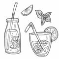 Hand-drawn lemonade vector Sketch Illustration. Glass of lemonade with straws, ice, lime and mint. Cartoon black and white outline Royalty Free Stock Photo