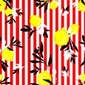 Hand-drawn lemons and leaves on a striped red-white background. Vector illustration. Pattern seamless. Colourful fun fruity print Royalty Free Stock Photo