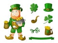 Hand drawn leprechaun with hat, clower, beer mug, pot of golden coin sketch set