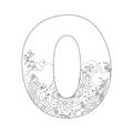 Hand drawn letter O on white background. Flower and hearts letters for Coloring book anti stress. Black white. Doodle drawing.