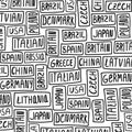 Hand-drawn lettering as a background. Countries: USA, Russia, Czech Republic, China, Lithuania, Latvia, Japan, Germany