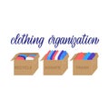 Hand drawn lettering. Clothing organization. Sorts clothes into boxes: recycle, donate, trash