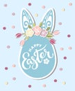 Vector illustratuon with Bunny ears and pink flowers wreath. Royalty Free Stock Photo