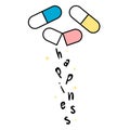 Hand drawn lettering happiness therapy concept background illustration with pills