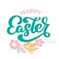 Hand drawn lettering Happy Easter with flowers, branches and leaves Scandinavian vector illustration. Design for Royalty Free Stock Photo