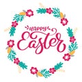 Hand drawn lettering Happy Easter wreath with flowers, branches and leaves. vector illustration. Design for wedding Royalty Free Stock Photo