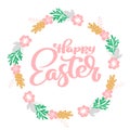 Hand drawn lettering Happy Easter wreath with flowers, branches and leaves. vector Scandinavian illustration. Design for Royalty Free Stock Photo