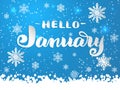 Hand drawn lettering - Hello January with snowflakes on blue background. Elegant handwritten calligraphy for winter