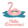 Cute hand drawn lettering hello summer vector card with cartoon pink flamingo float Royalty Free Stock Photo