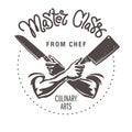 Hand drawn lettering. Master class from chef. Male hands are holding the knifesn