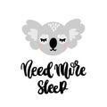 Hand-drawn lettering phrase: Need More Sleep, in a trendy calligraphic style.