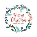 Hand drawn lettering poster Merry Christmas. Greeting card. Christmas wreath. Vector