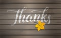 Hand drawn lettering text Thanks in white color on wooden texture background with yellow paper maple tree leaf