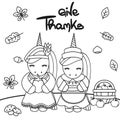 Hand drawn lettering typography give thanks black and white vector thanksgiving illustration with unicorns Royalty Free Stock Photo