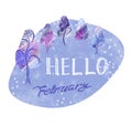Hand drawn lettering winter phrase on white background. hello February - text on Watercolor violet circle blot and