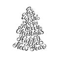 Hand drawn lettering. We wish you a merry christmas and happy new year. Black ink calligraphy on white background. Christmas tree Royalty Free Stock Photo