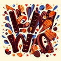 Hand drawn lettering word WOW with chocolate candies. Colorful. generative AI