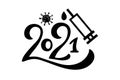 2021 hand drawn lettering. Year of the pandemic and covid-19 virus. Coronavirus vaccination year. Number with syringe icon. Black