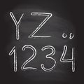 Hand drawn letters and numbers isolated on blackboard texture with chalk rubbed background. Vector illustration of alphabet.