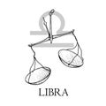 Hand Drawn Libra. Zodiac Symbol In Vintage Gravure Or Sketch Style. Old-fashioned Pharmacy Scales. Retro Astrology Constellation M