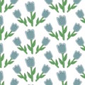 Hand-drawn light blue tulips. Contoured vintage flowers seamless pattern. Folk outline ornament in blue and green tones on light Royalty Free Stock Photo