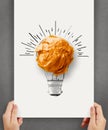 Hand drawn light bulb with crumpled paper ball Royalty Free Stock Photo