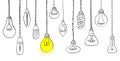 Hand drawn light bulb icons with concept of idea. Doodle style