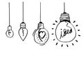 Hand drawn light bulb icons with concept of idea. Doodle style. Vector illustration Royalty Free Stock Photo