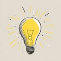Hand-drawn light bulb illustration radiating bright yellow rays, symbolizing creative ideas. Royalty Free Stock Photo