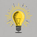 Hand-drawn light bulb illustration radiating bright yellow rays, symbolizing enlightenment and ideas. Royalty Free Stock Photo