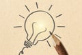 Hand drawn light bulb with wooden pencil on recyled paper background - Concept of creative idea and ecology Royalty Free Stock Photo