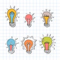 Hand drawn light bulbs. Doodle light bulb. Idea concept. Sketch, minimalistic design. Stickers Royalty Free Stock Photo