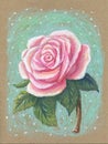 Hand-drawn light rose on a deep background, drawn with oil pastels on craft paper. Romantic girly card Royalty Free Stock Photo