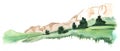 Hand drawn light watercolor illustration Mountain range White rock, green valley grass with trees. Drawing on a white background.