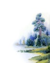 Watercolor landscape. Tree by the lake