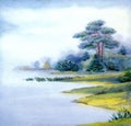 Watercolor landscape. Tree by the lake