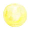 Hand drawn light yellow watercolor blurred circle isolated on white background.