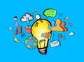 Hand drawn lightbulb and multimedia icons