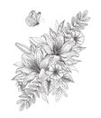 Hand Drawn Lily Flowers  and  Flying Butterfly Royalty Free Stock Photo