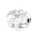Hand drawn line art camping on the mountain isolated on white background Royalty Free Stock Photo