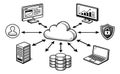 Hand drawn line art cloud computing diagram set featuring a central cloud connecting to user, computers, server Royalty Free Stock Photo