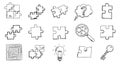Hand drawn line art concept set featuring puzzle pieces, a question mark, a lightbulb, a key, and a maze for problem solving and Royalty Free Stock Photo