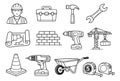 Hand drawn line art construction elements set featuring a worker, various building tools, and site equipment for Royalty Free Stock Photo