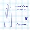Hand drawn line art cosmetics on notebook paper background. Eyepencil drawn with a pen