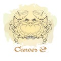 Hand drawn line art of decorative zodiac sign Cancer. Royalty Free Stock Photo