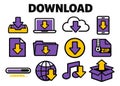 Hand drawn line art download and upload icon set featuring data transfer, cloud, devices, and files for digital technology Royalty Free Stock Photo