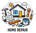 Hand drawn line art home repair elements set featuring a house, construction tools, and a blueprint for renovation Royalty Free Stock Photo